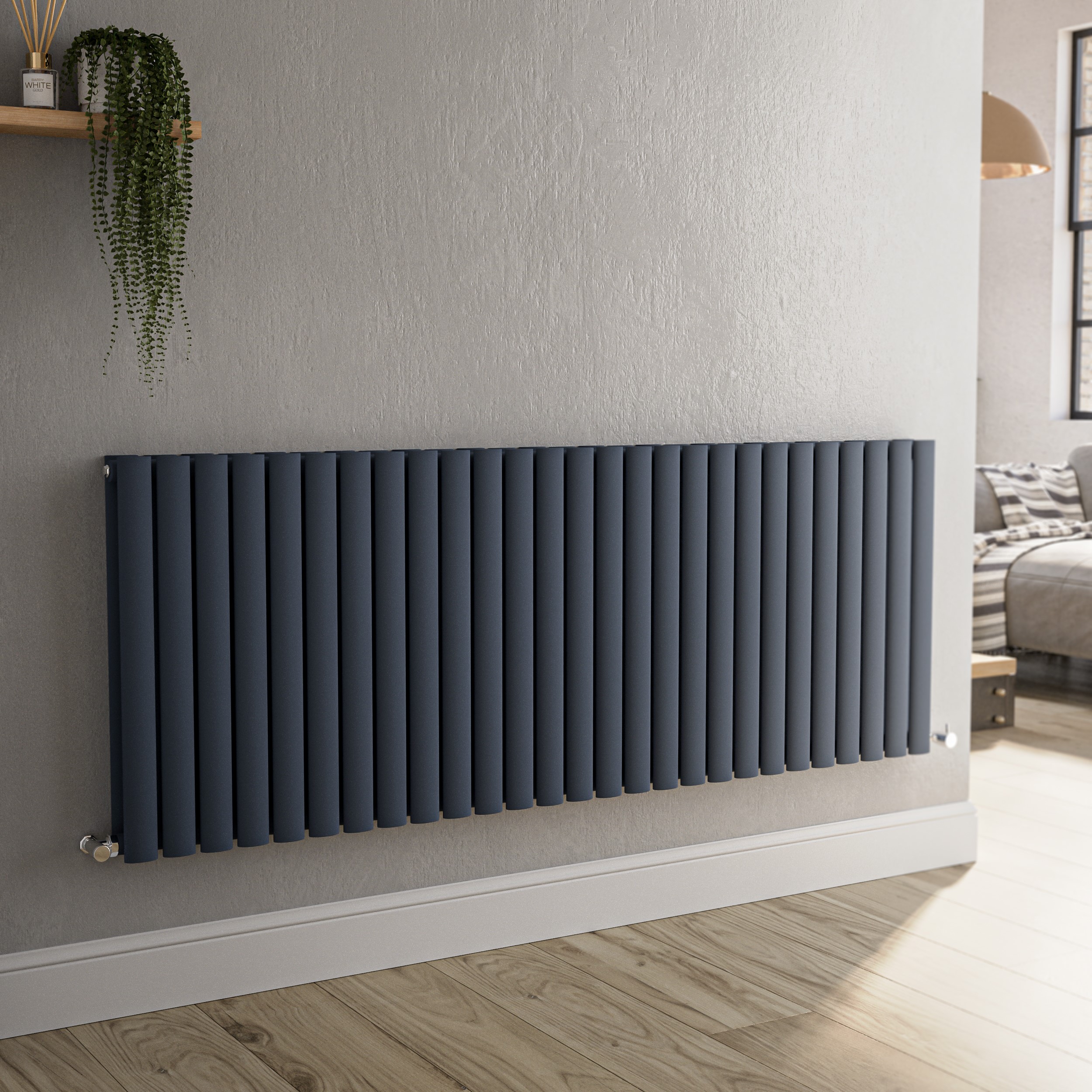 Sorrento Anthracite Horizontal Oval Designer Radiator 600X1593mm Double Panel 6478 Btu Large