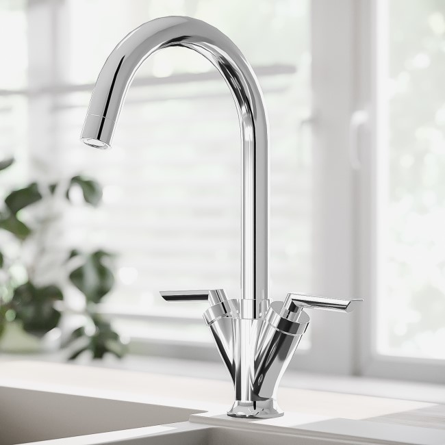 Chrome Twin Lever Kitchen Mixer Tap - Essence Hector
