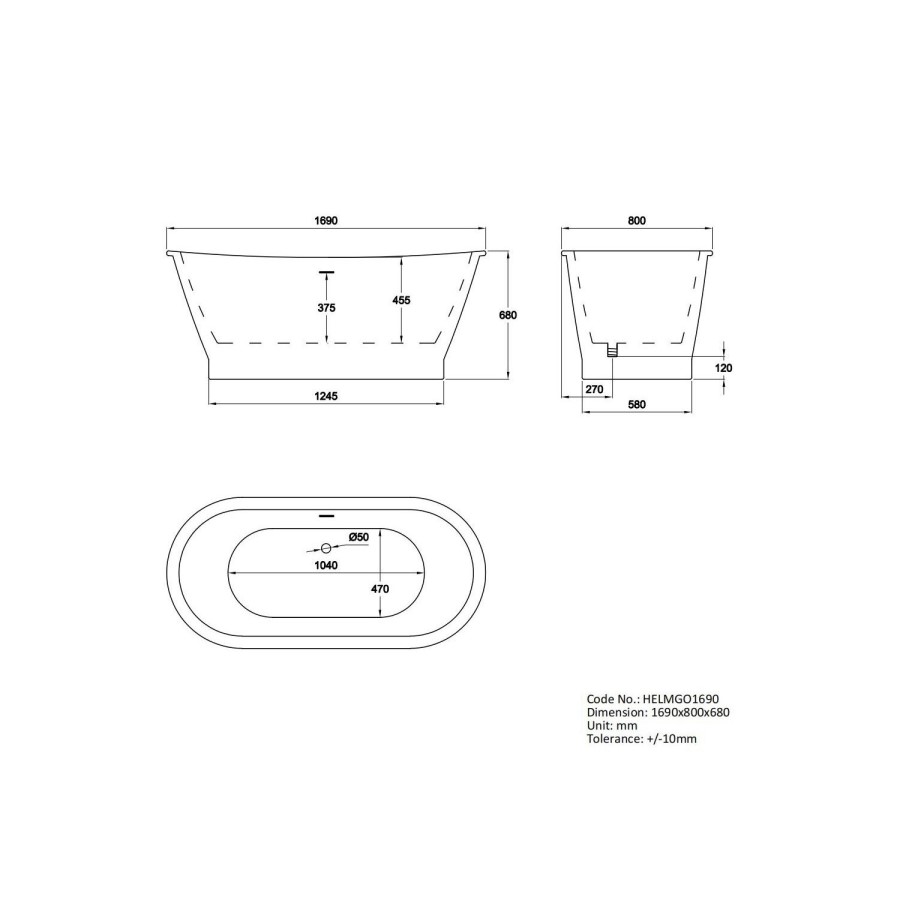 Gold Effect Freestanding Double Ended Bath 1690 x 800mm - Helmsley