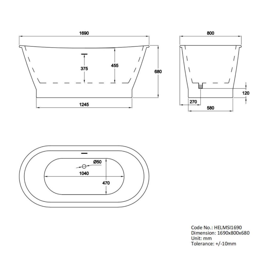 Silver Effect Freestanding Double Ended Bath 1690 x 800mm - Helmsley