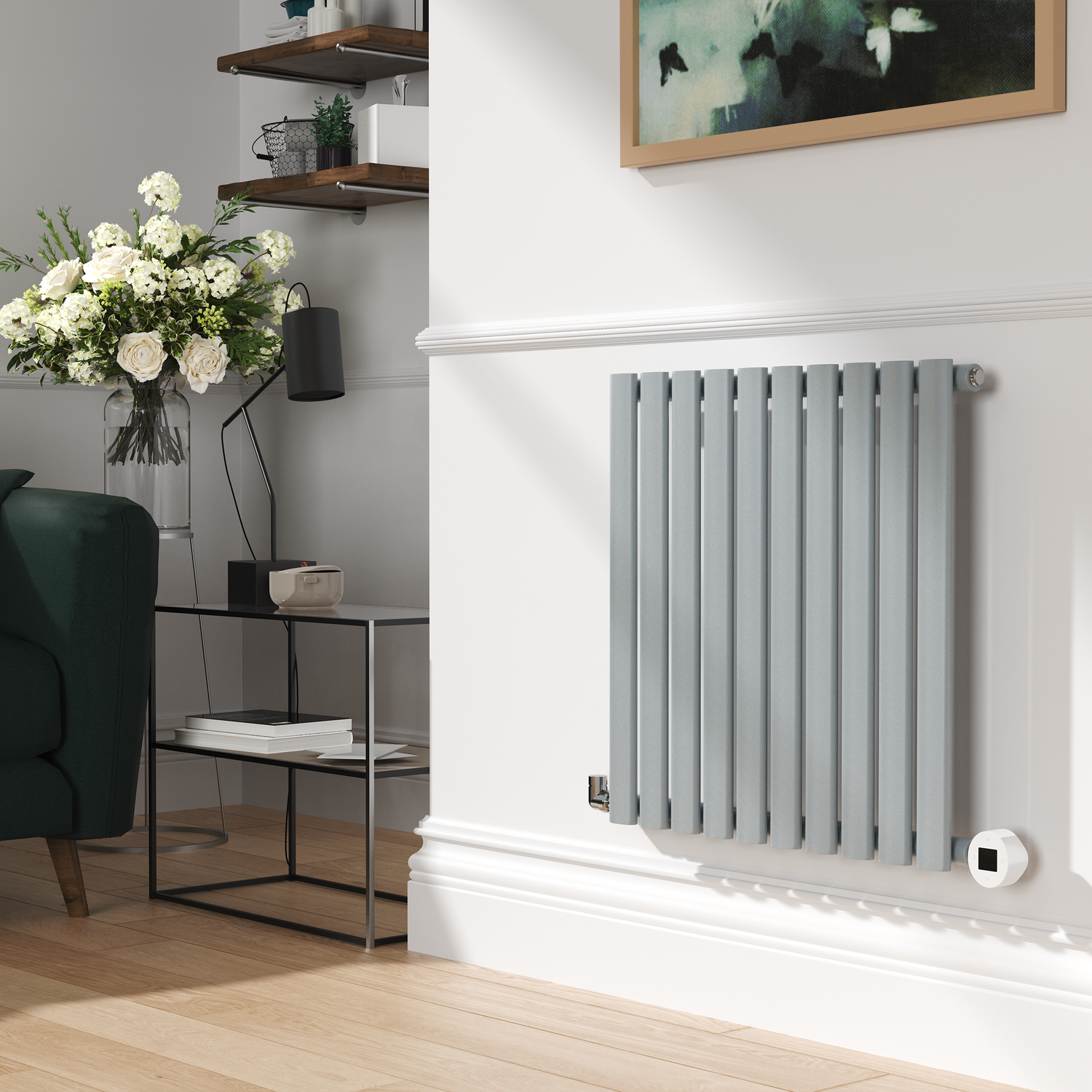 Electriq Grey Salt & Pepper Horizontal Smart Electric Radiator With Wi-Fi Thermostat - 1.2Kw - H600xw590 - Bathroom Safe