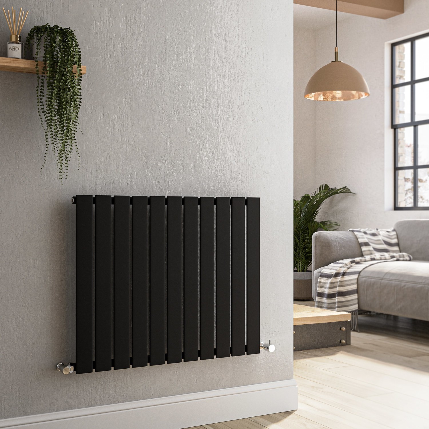 Riace Black Midnight Horizontal Flat Designer Radiator 600X748mm Single Panel 1589 Btu