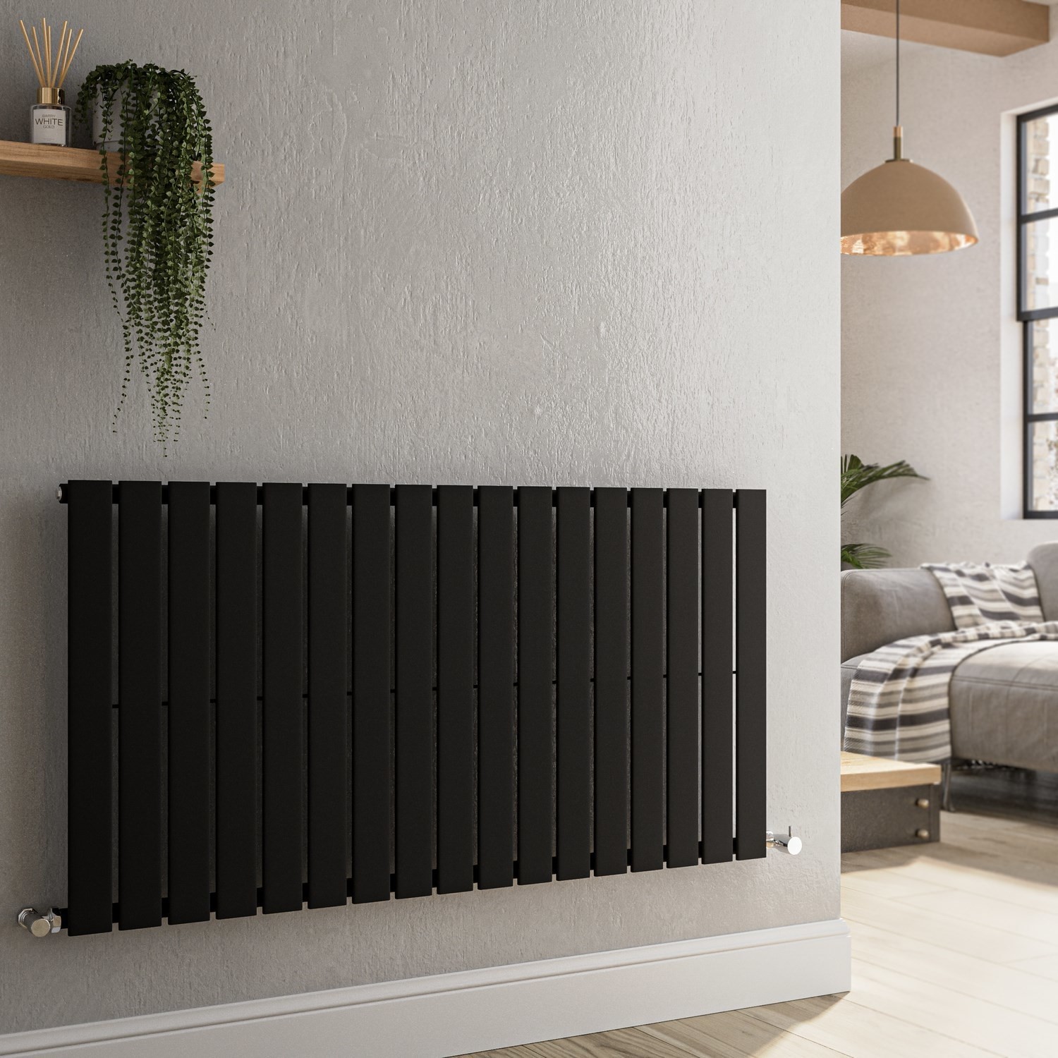Riace Black Midnight Horizontal Flat Designer Radiator 600X1156mm Single Panel 2701 Btu