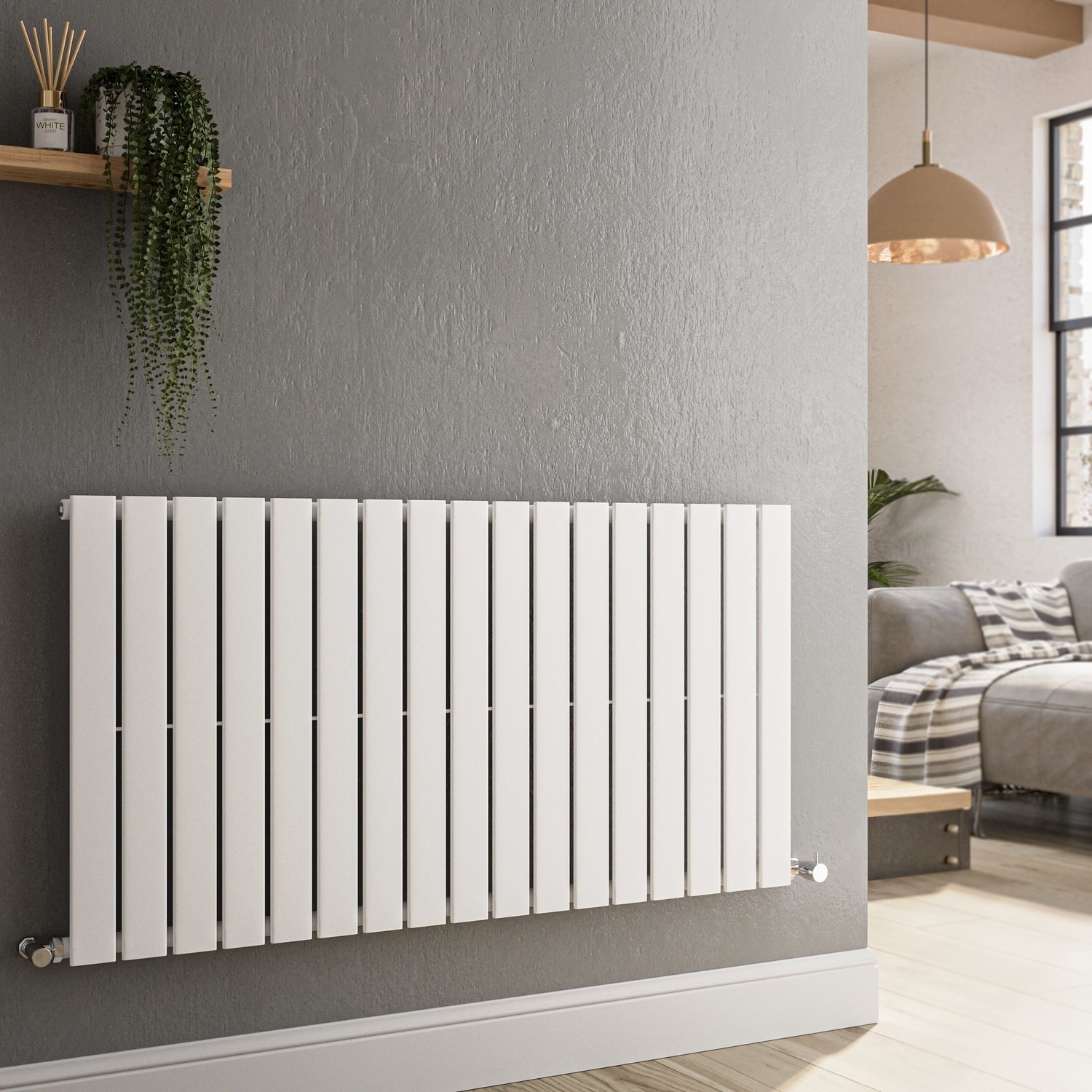 Riace White Horizontal Flat Designer Radiator 600X1156mm Single Panel 2701 Btu
