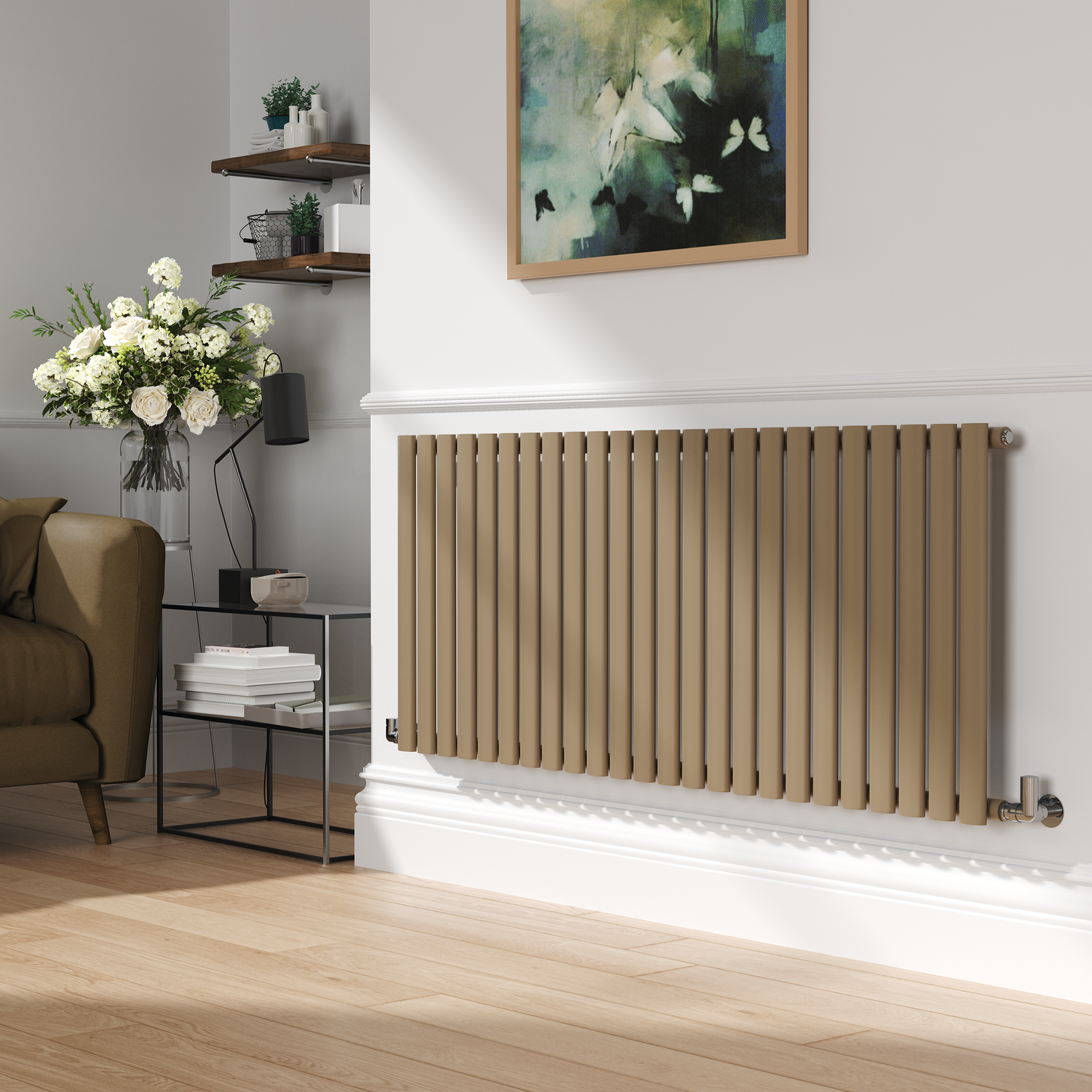 Sorrento Beige Grey Horizontal Oval Designer Radiator 600X1416mm Single Panel 3783 Btu