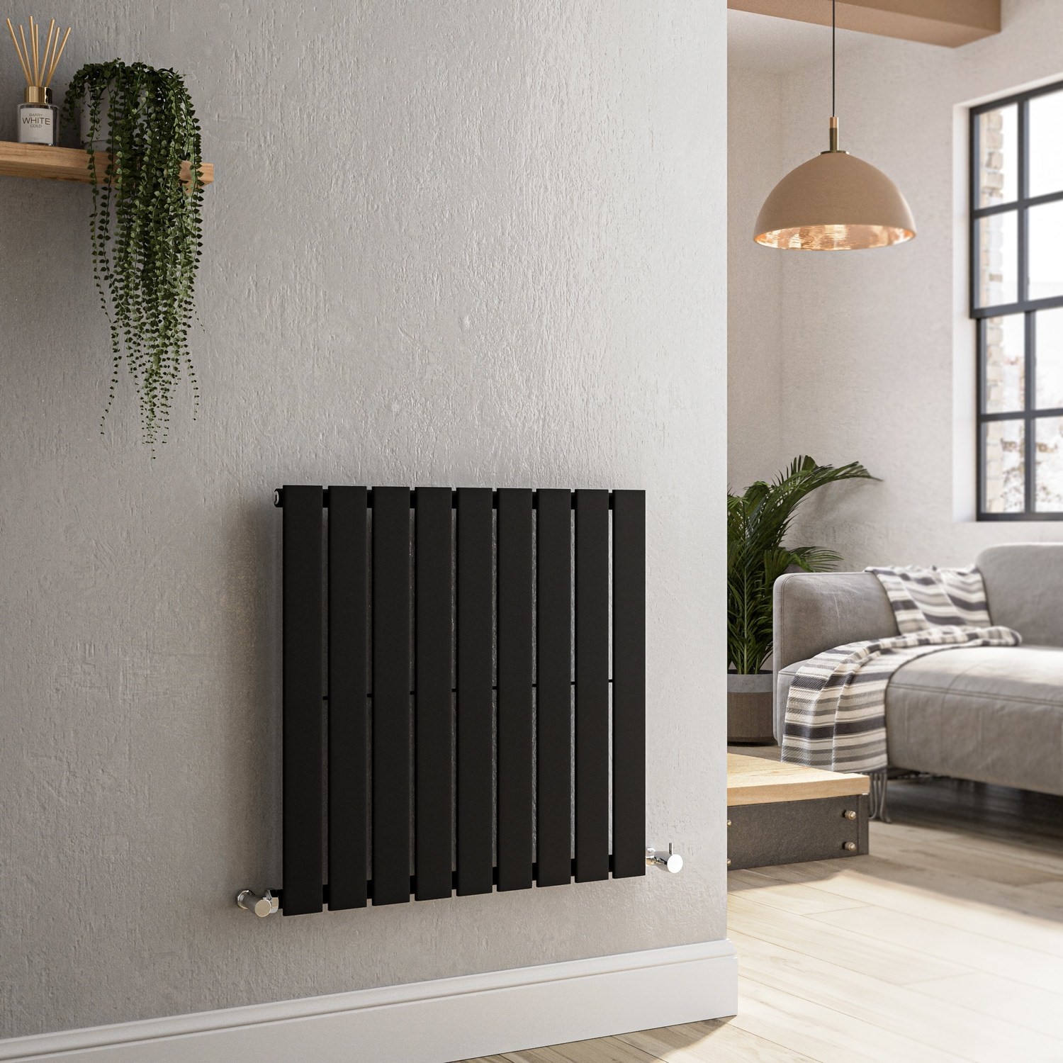 Riace Midnight Black Horizontal Flat Designer Radiator 600X612mm Single Panel 1430 Btu