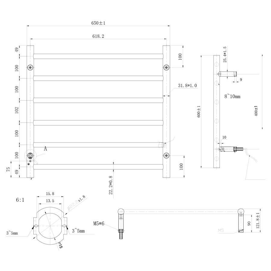6 Bar Heated Ladder Towel Rail - Anise
