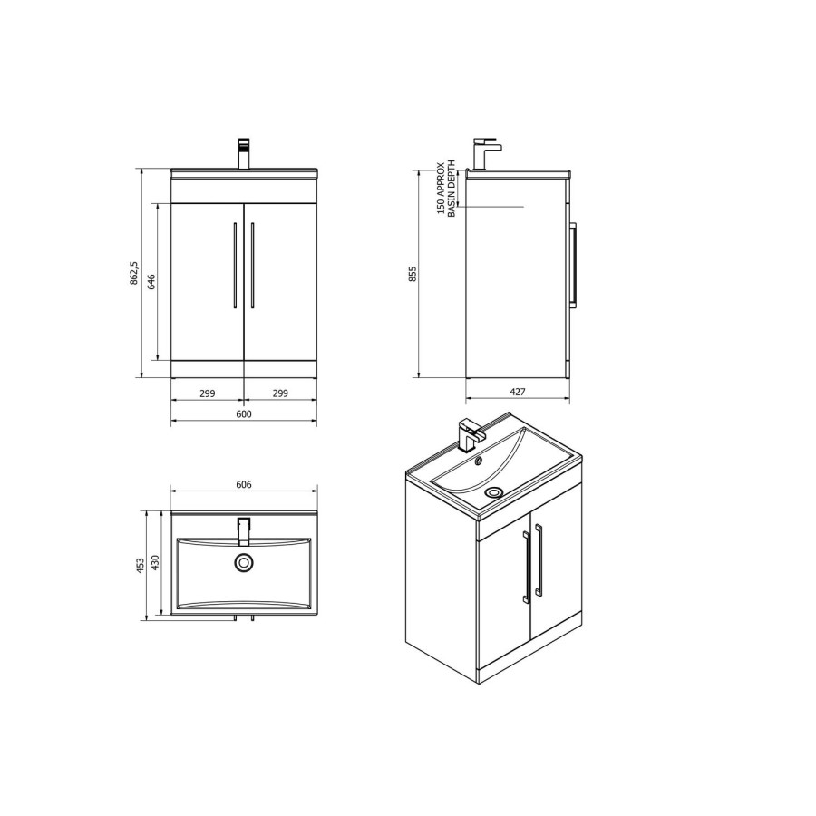 GRADE A2 - Grey Free Standing Bathroom Vanity Unit -2 Door - Without Basin - W600mm