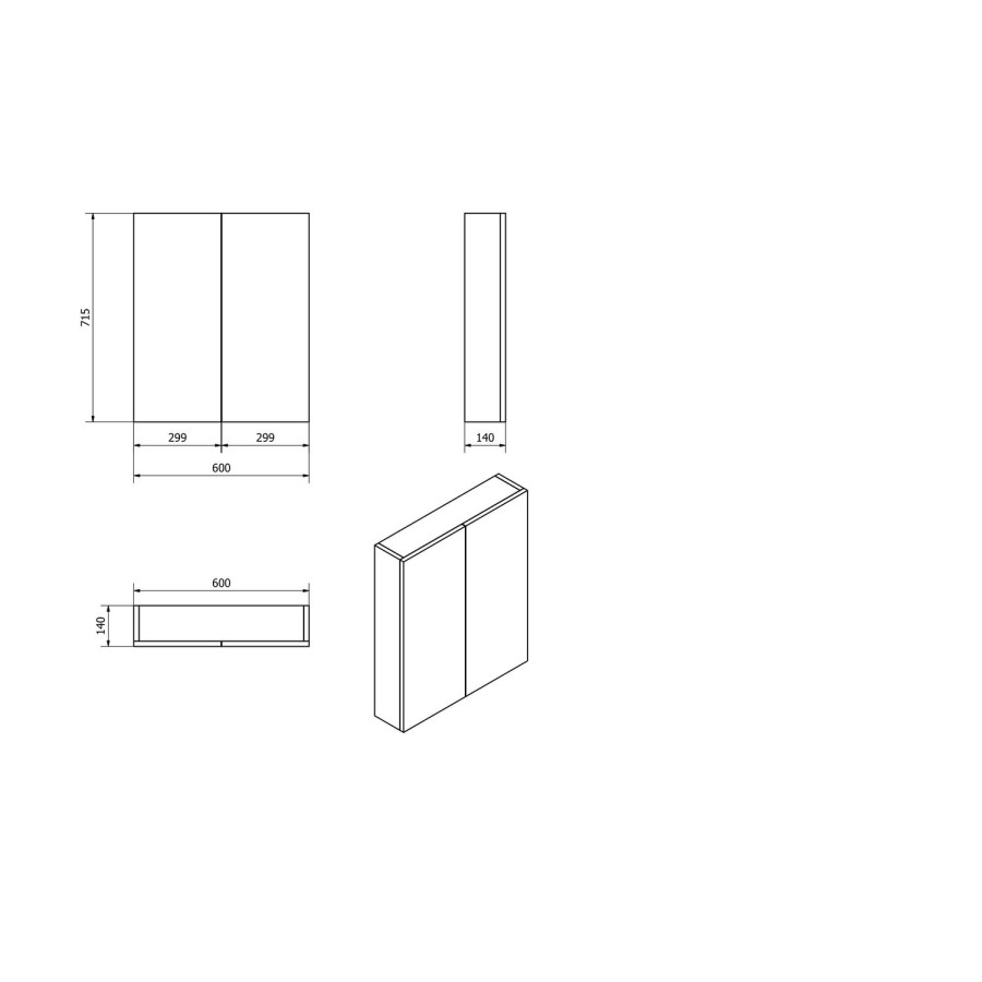 Grey Wall Hung Bathroom Mirror Cabinet - W600 x H715mm