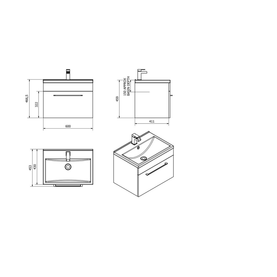 Grey Wall Hung Bathroom Vanity Unit - With Basin - W600mm