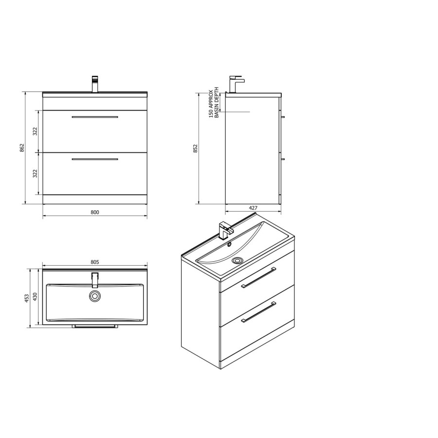 Grey Free Standing Bathroom Vanity Unit - Without Basin - W800mm