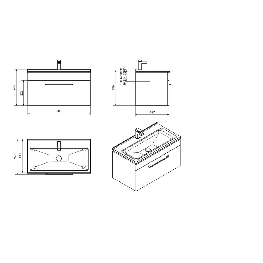 Black Wall Hung Bathroom Vanity Unit - Without Basin - W800mm
