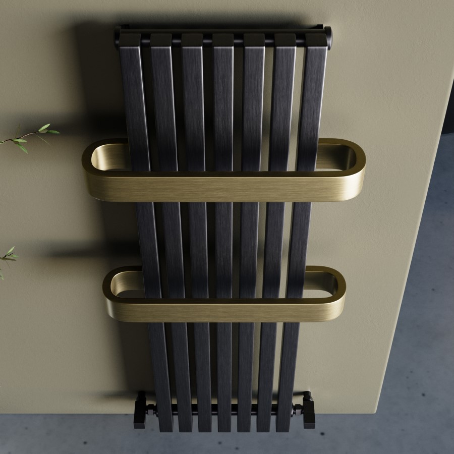 GRADE A2 - Gunmetal Vertical Single Panel Radiator with Brass Towel Bars 1200 x 500mm - Iraya