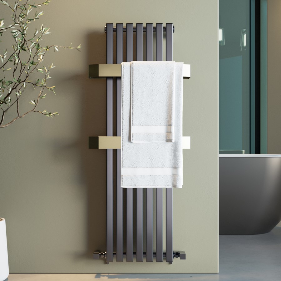 Gunmetal Vertical Single Panel Radiator with Brass Towel Bars 1200 x 500mm - Iraya