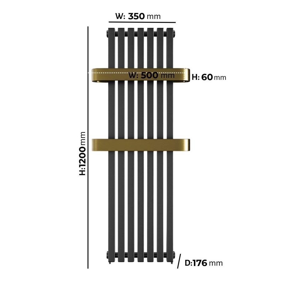 Gunmetal Vertical Single Panel Radiator with Brass Towel Bars 1200 x 500mm - Iraya
