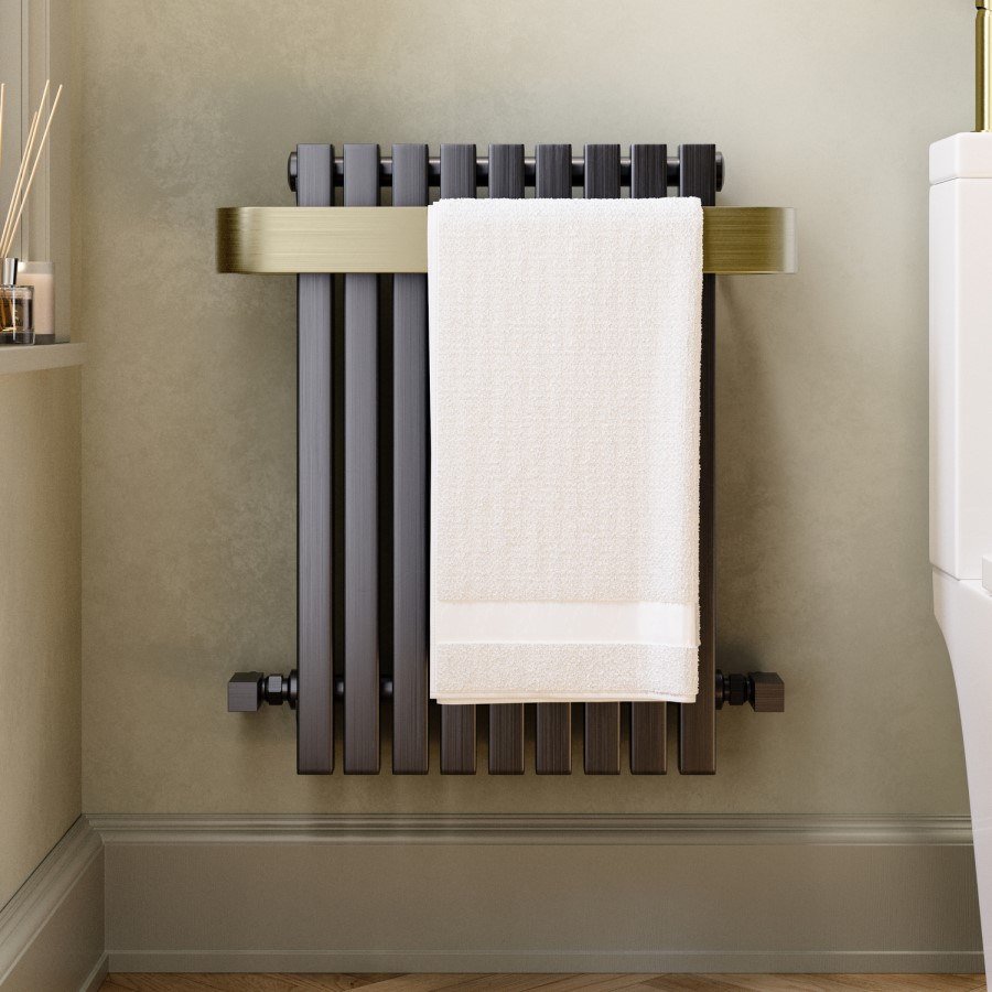 ALMOST PERFECT - Gunmetal Single Panel Radiator with Brass Towel Bar 600 x 600mm - Iraya