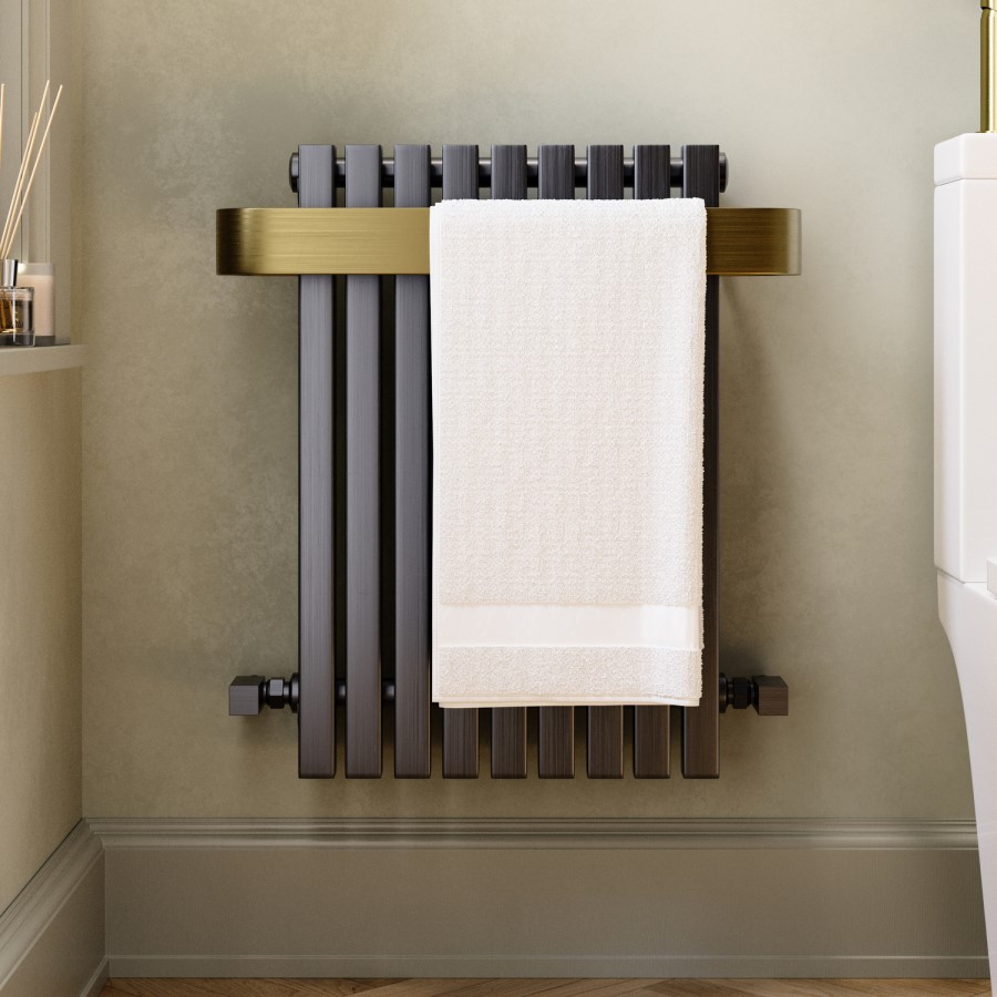 Gunmetal Single Panel Radiator with Brass Towel Bar 600 x 600mm - Iraya