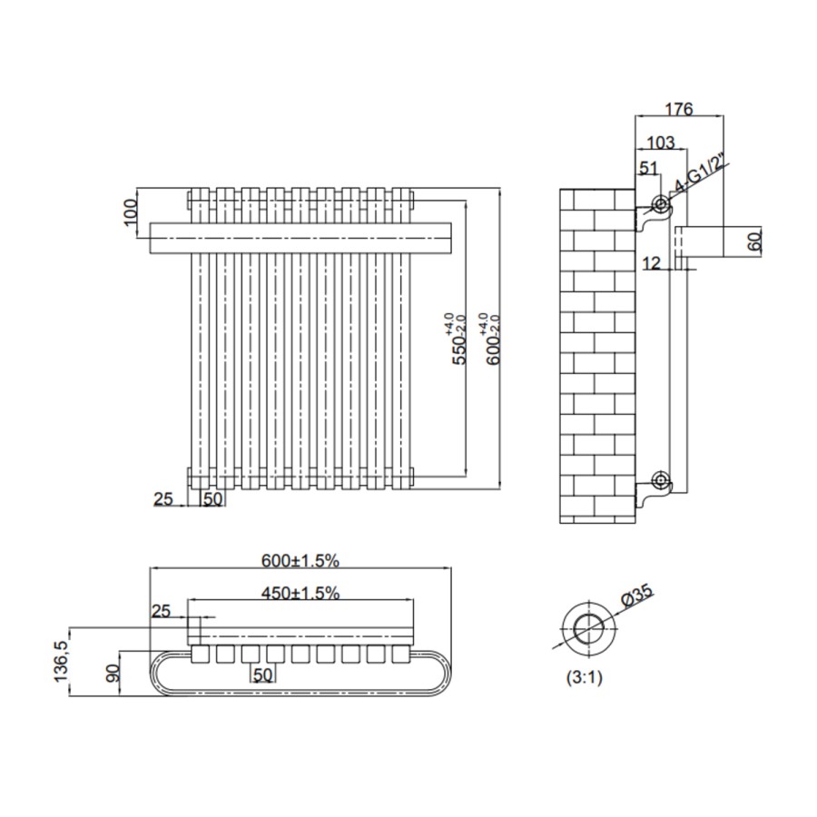 ALMOST PERFECT - Gunmetal Single Panel Radiator with Brass Towel Bar 600 x 600mm - Iraya