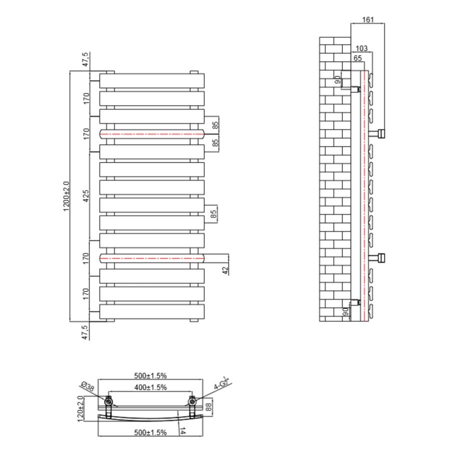 Gunmetal Grey Towel Radiator with Brass Bars 1200 x 500mm - Iraya