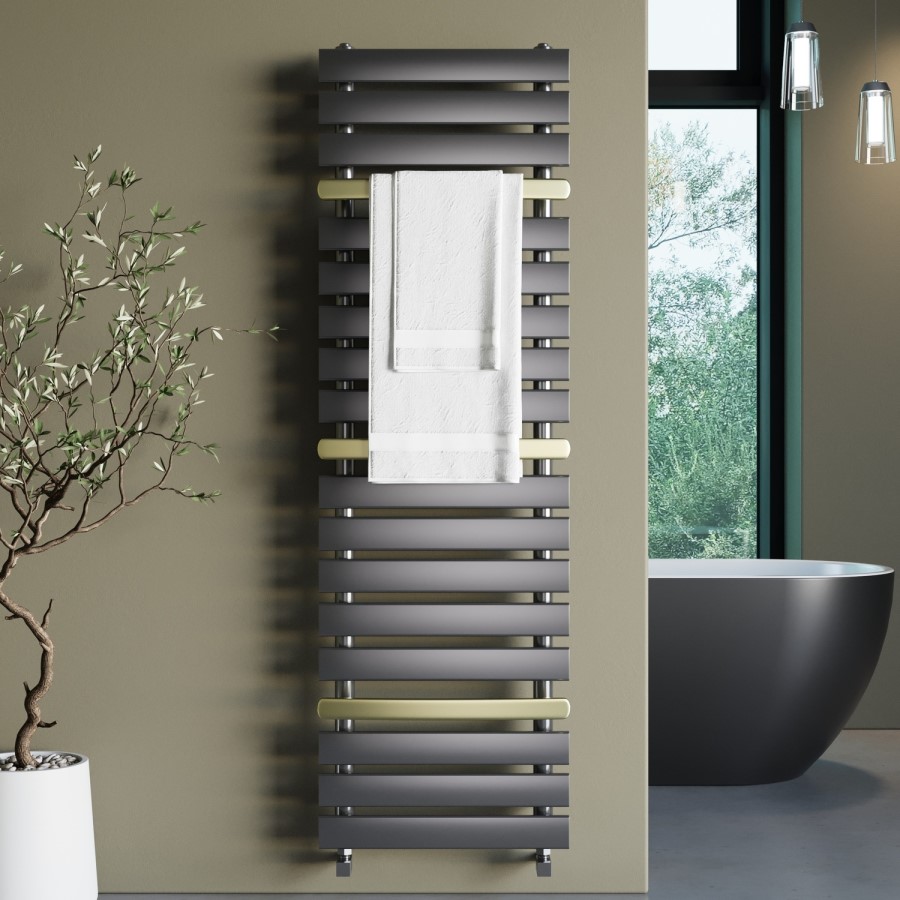 Gunmetal Grey Towel Radiator with Brass Bars 1600 x 500mm - Iraya