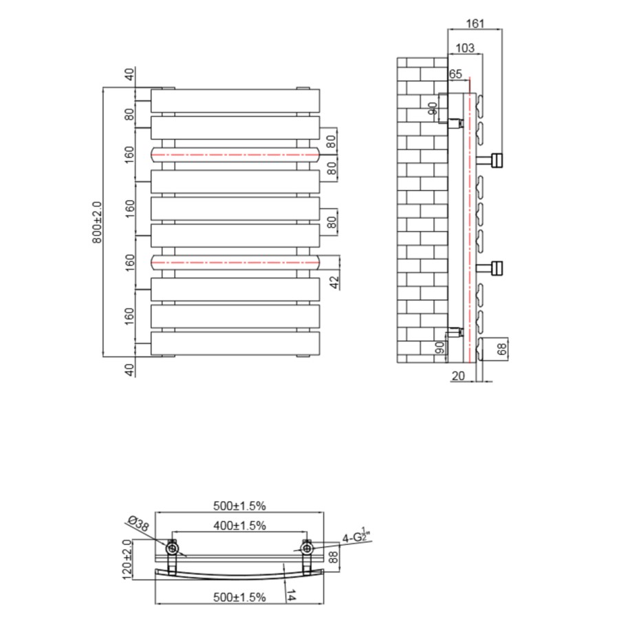 Gunmetal Grey Towel Radiator with Brass Bars 800 x 500mm - Iraya