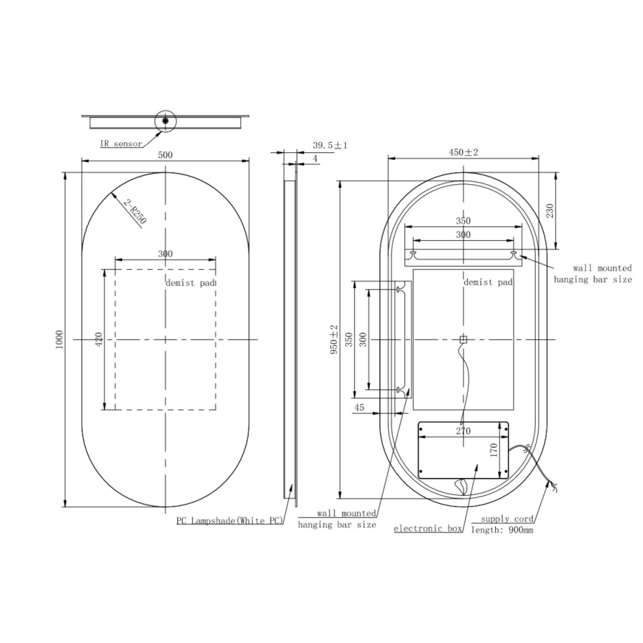 Oval Backlit Heated Bathroom Mirror with Lights 500 x 1000mm - Irena