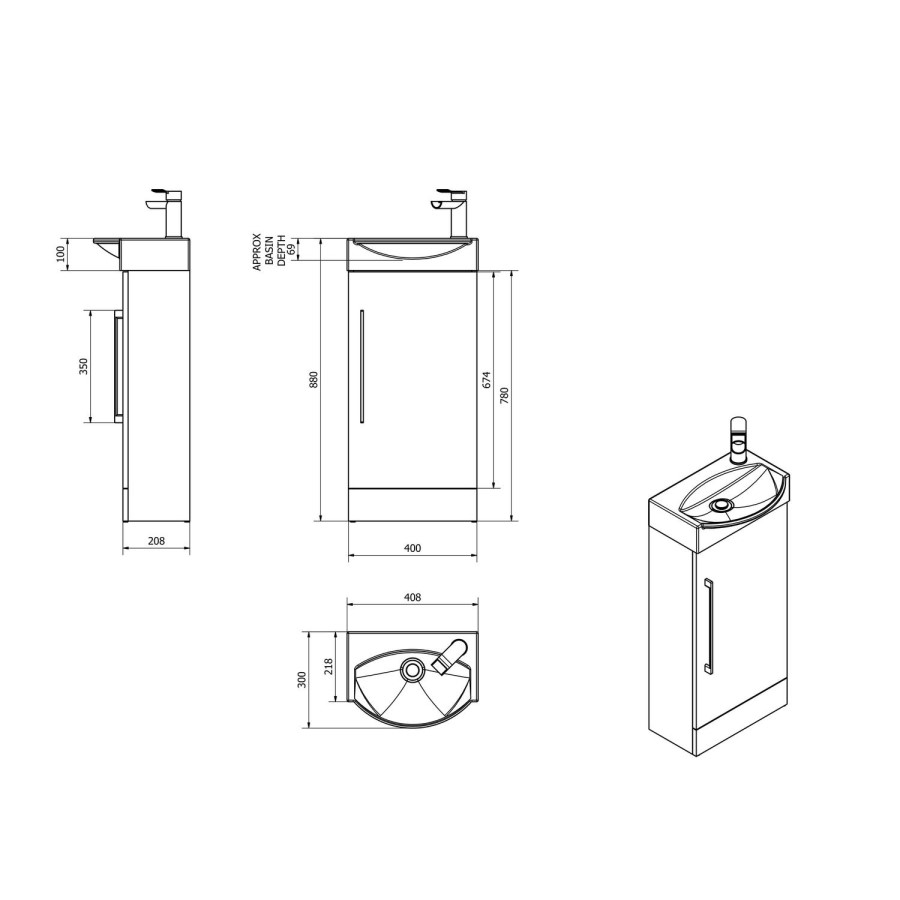 White Mini Cloakroom Vanity Unit & Round Basin - W408mm