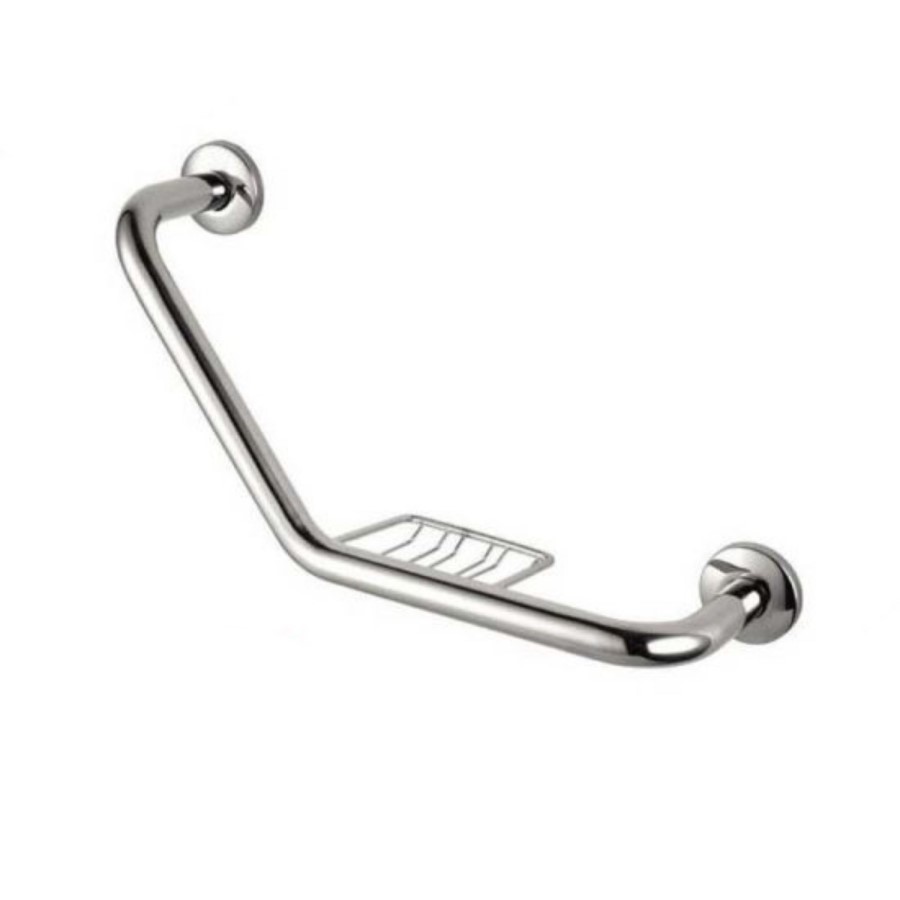 Chrome Angled Grab Rail with Soap Basket 420 x 112mm