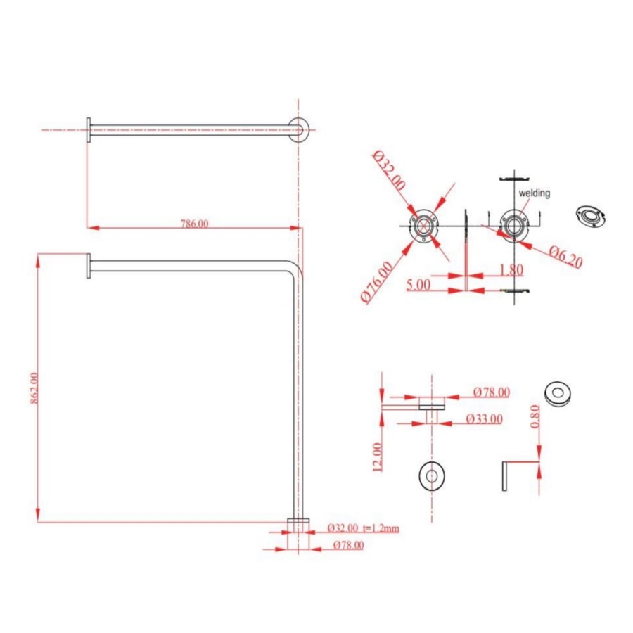 786mm Chrome Wall To Floor Grab Bar - Stainless Steel - Taylor & Moore