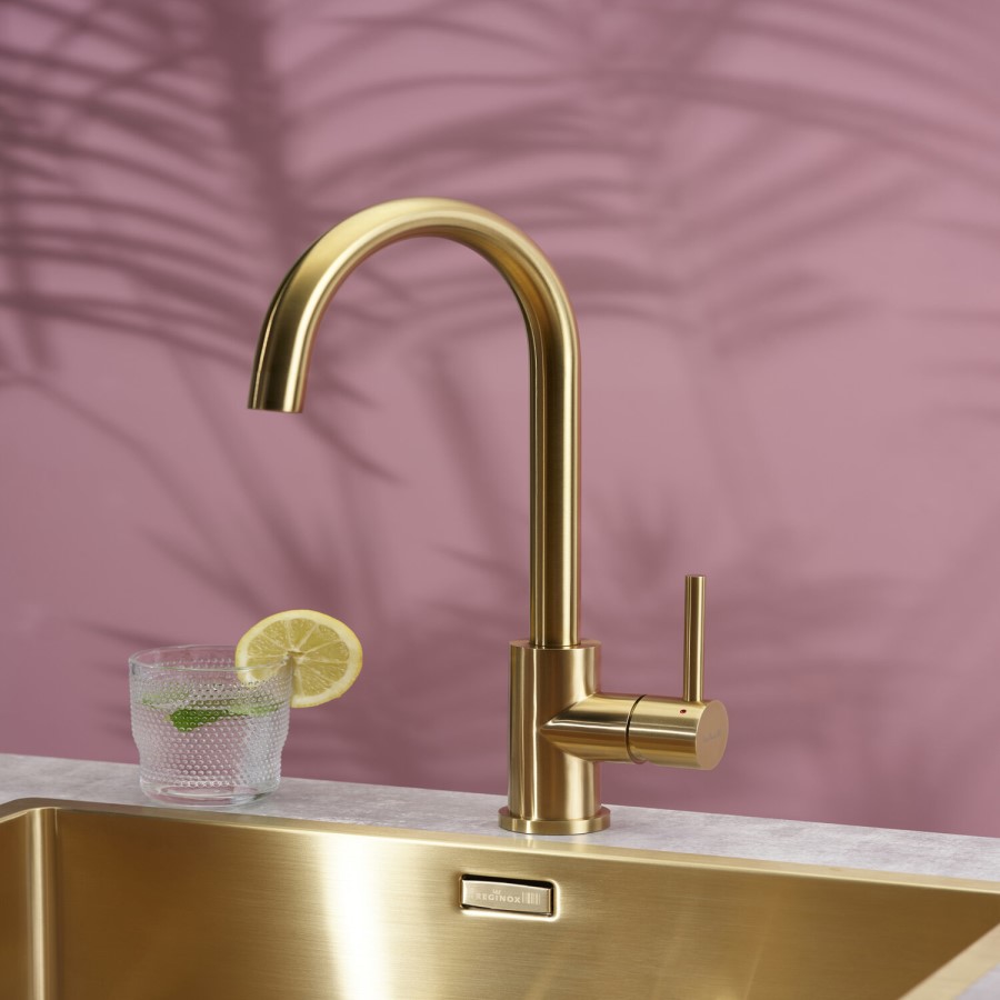 GRADE A1 - Box Opened Reginox Kalix Gold Single Lever Swan Neck Kitchen Tap