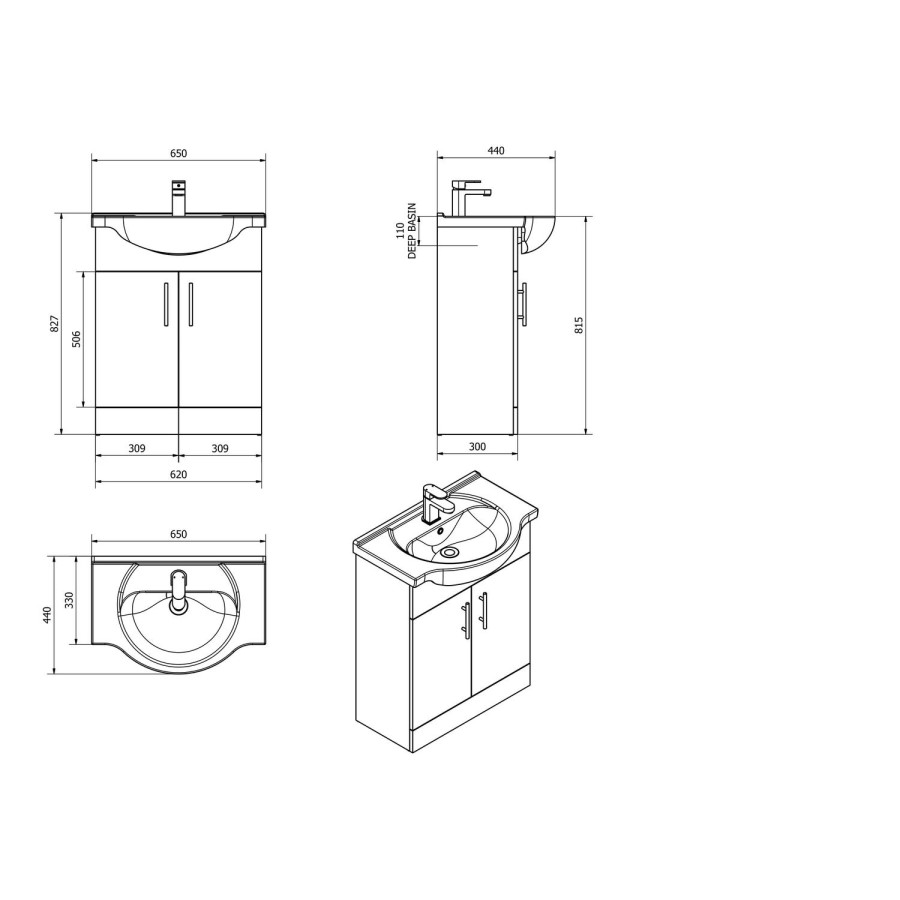 White Free Standing Double Door Bathroom Vanity Unit & Basin - W650mm