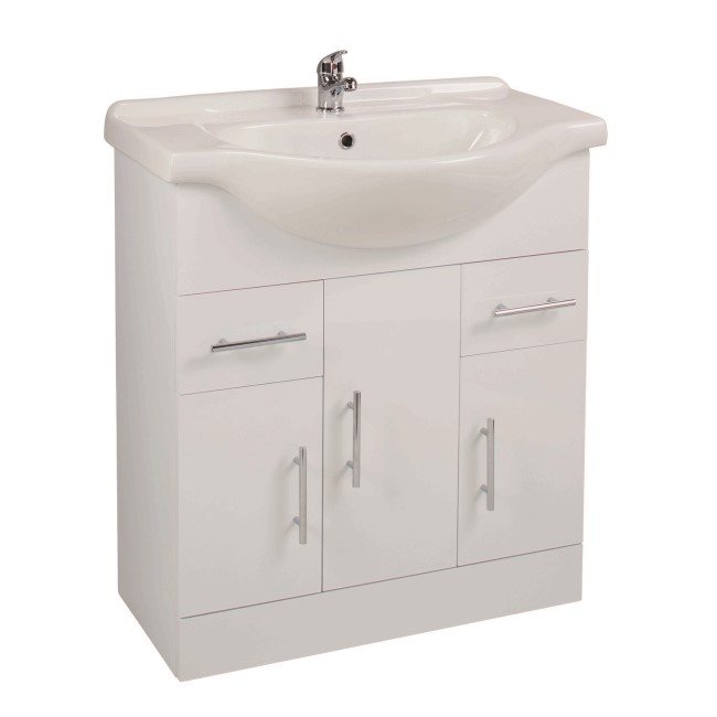 White Free Standing Triple Door Bathroom Vanity Unit & Basin - W750mm