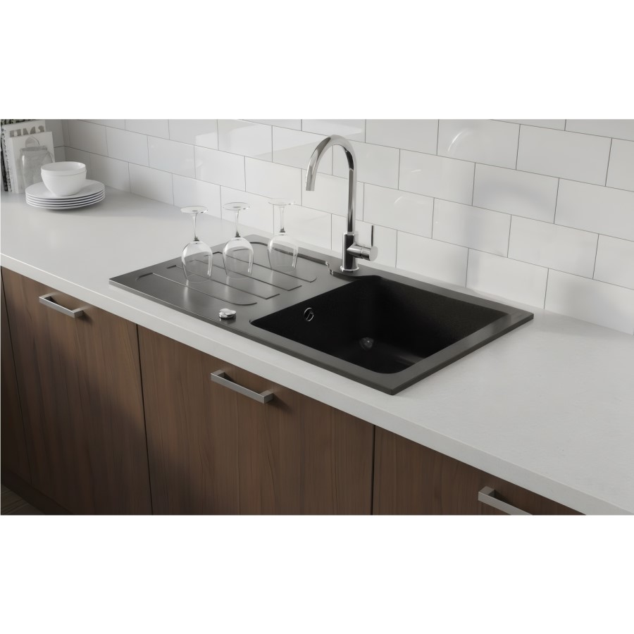 1 Bowl Black Granite Composite Inset Kitchen Sink & Waste - 860 x 500mm - Laurie