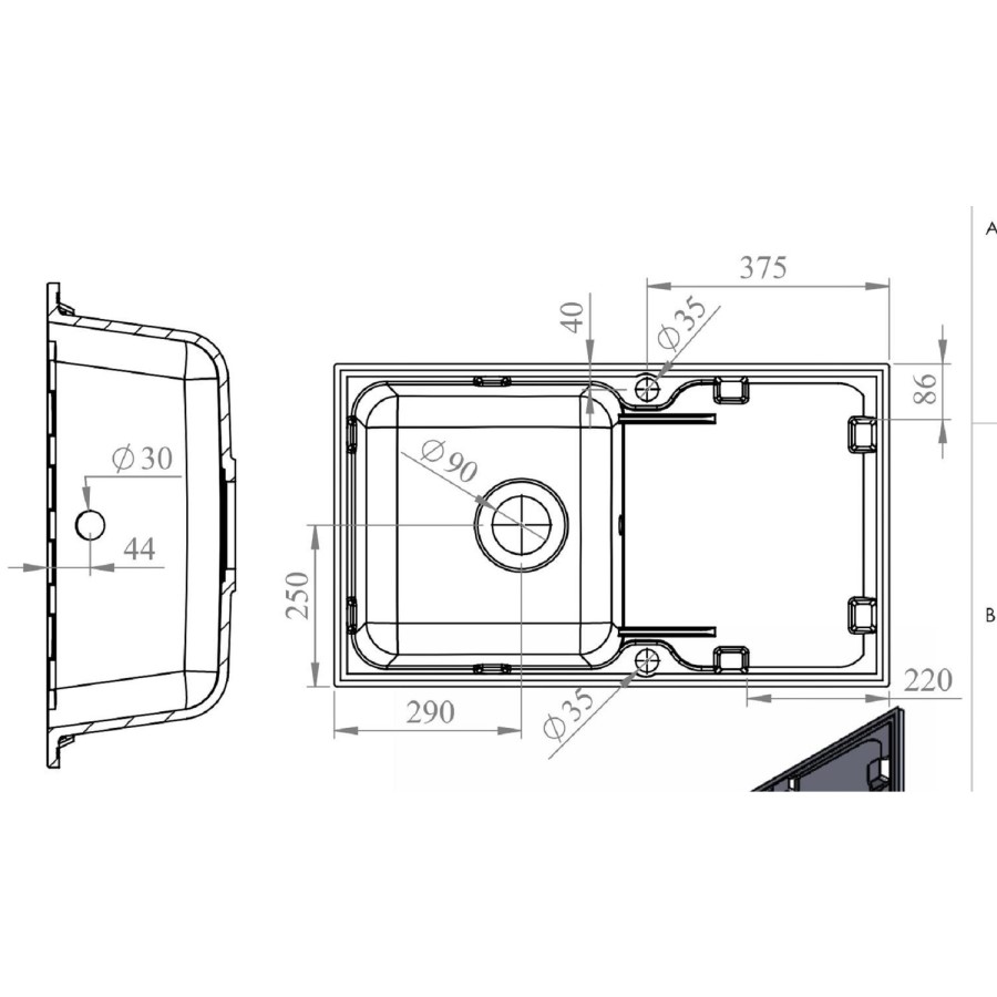 1 Bowl Black Granite Composite Inset Kitchen Sink & Waste - 860 x 500mm - Laurie