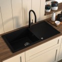 BUN/LAU97X5BLK/99558 Single Bowl Black Inset Composite Kitchen Sink and Reversible Drainer With Black Pull Out Kitchen Tap Set - Enza