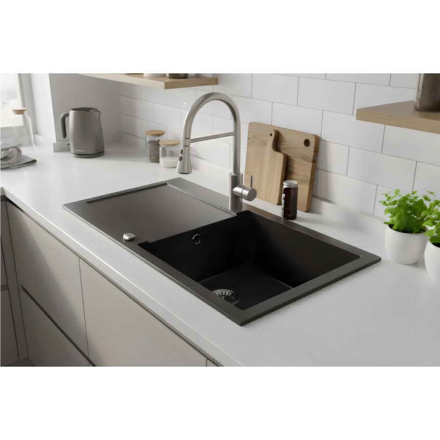 Large 1 Bowl Black Inset Granite Composite Kitchen Sink with Reversible Drainer - Enza Laurie