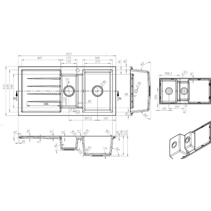 Large 1 Bowl White Inset Granite Composite Kitchen Sink with Reversible Drainer - Enza Laurie