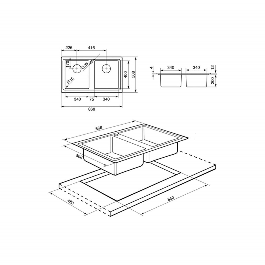 GRADE A2 - Smeg LD862-2 LD862 Mira Ultra Low Profile Double Bowl Stainless Steel Sink