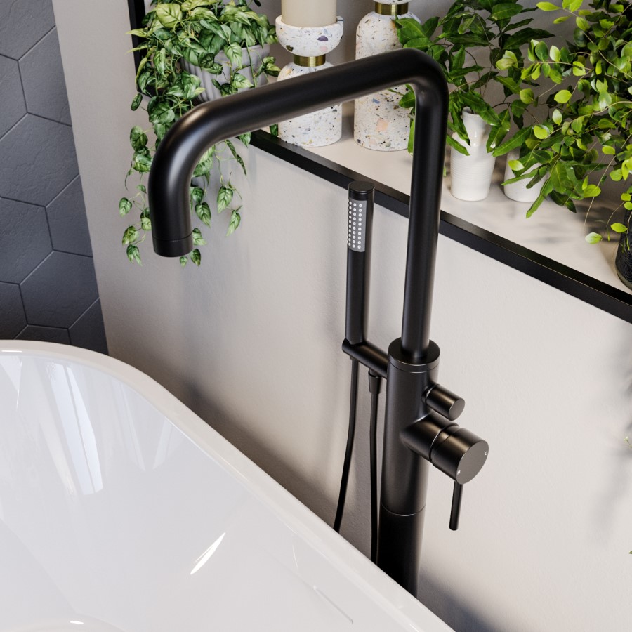 GRADE A2 - Matt Black Freestanding Bath Shower Mixer Tap - Lenton