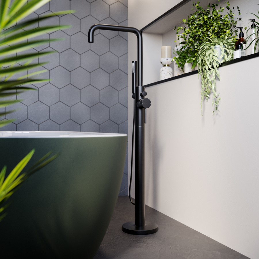 GRADE A2 - Matt Black Freestanding Bath Shower Mixer Tap - Lenton