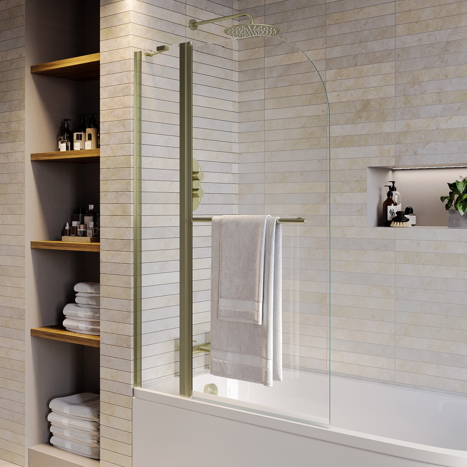 Brushed Brass 1450mm x 975mm Hinged Shower Bath Screen with Fixed Panel ...
