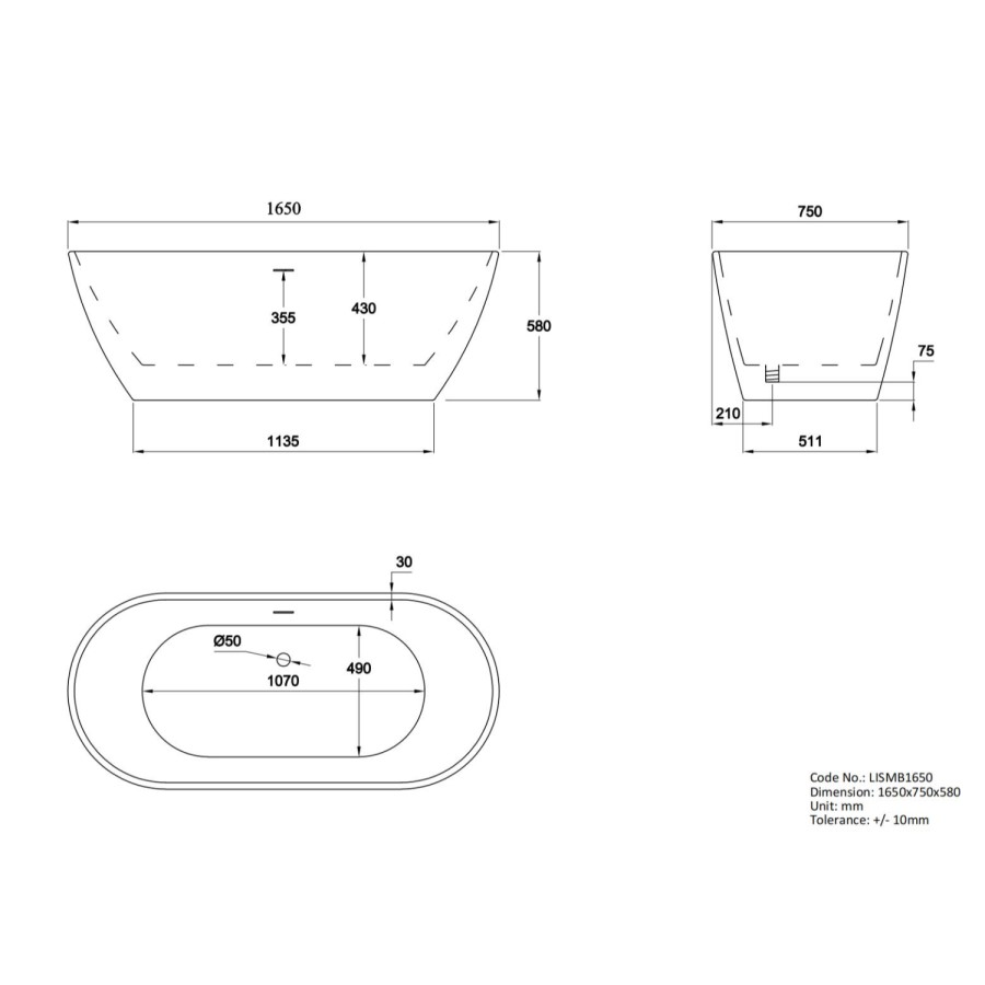 Matt Black Freestanding Double Ended Bath 1650 x 750mm - Lisbon