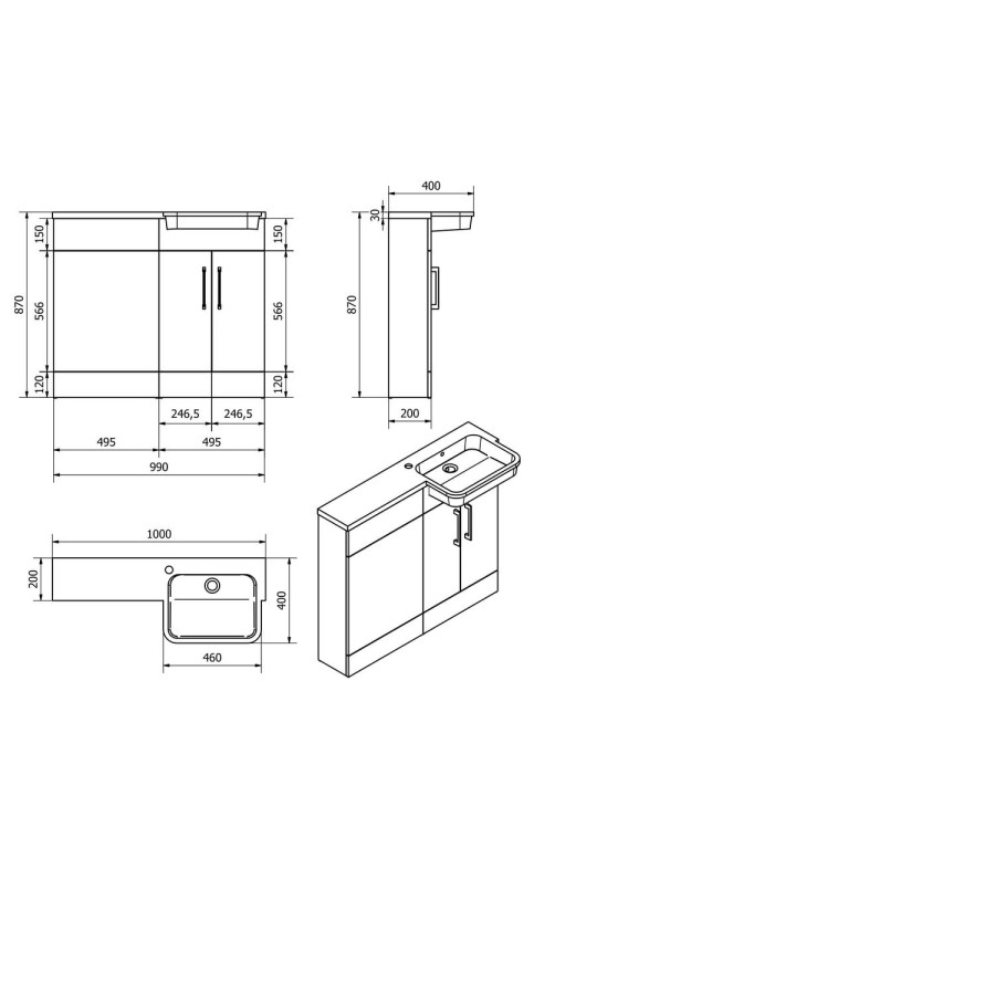 White Vanity Unit Furniture Suite Right Hand - W1000mm