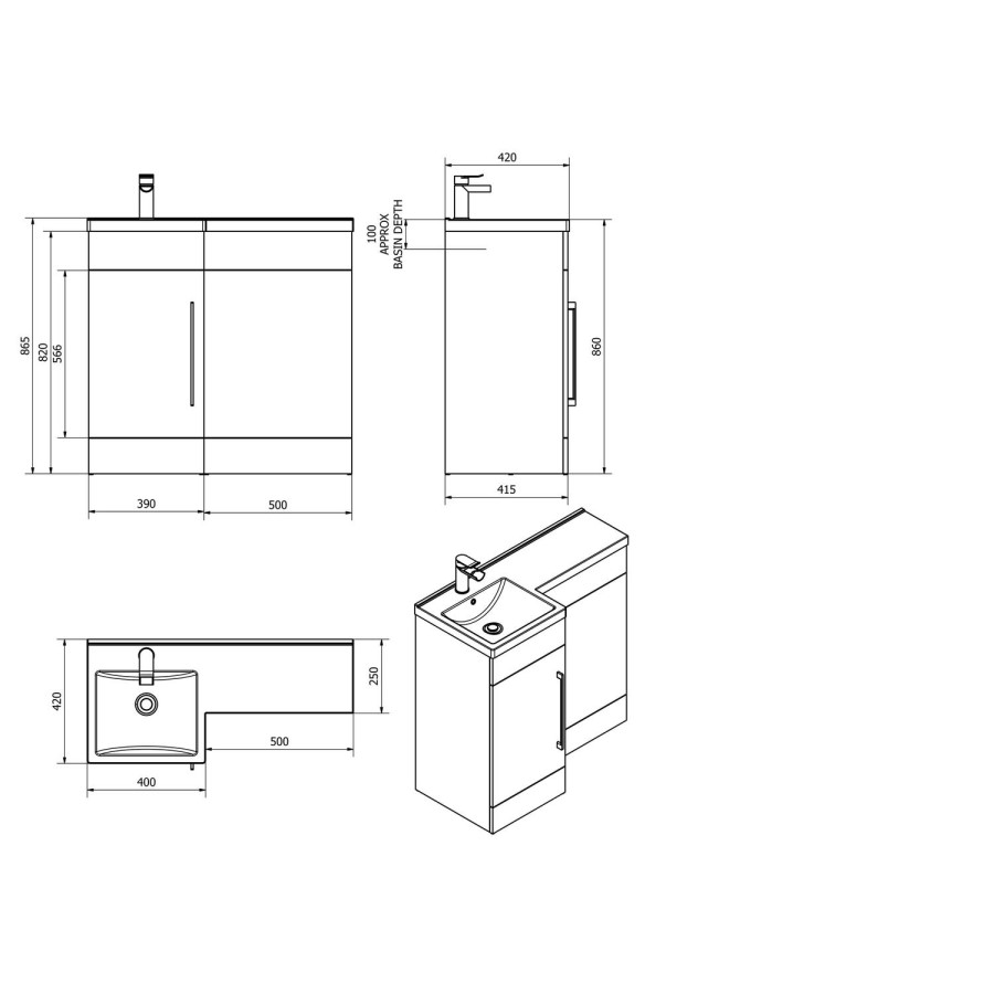 White L-Shaped Mid Edge Basin & WC Unit Right Hand - W900 x H860mm