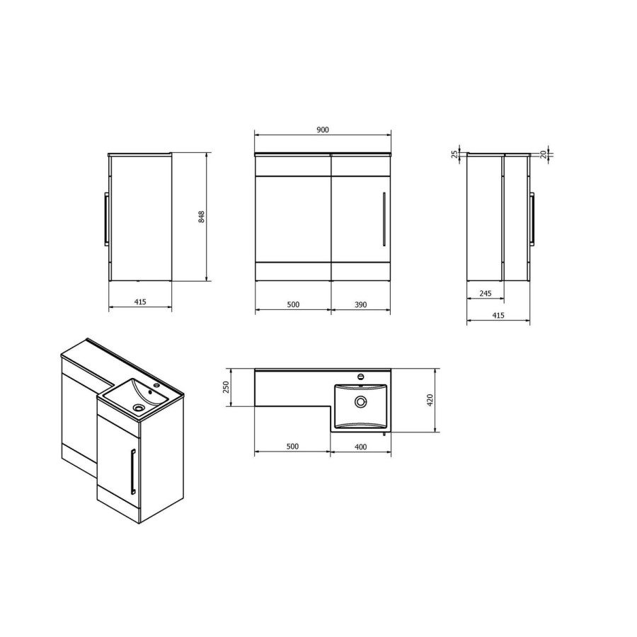 White L-Shaped Thin Edge Basin & WC Unit Right Hand - W900 x H 838mm