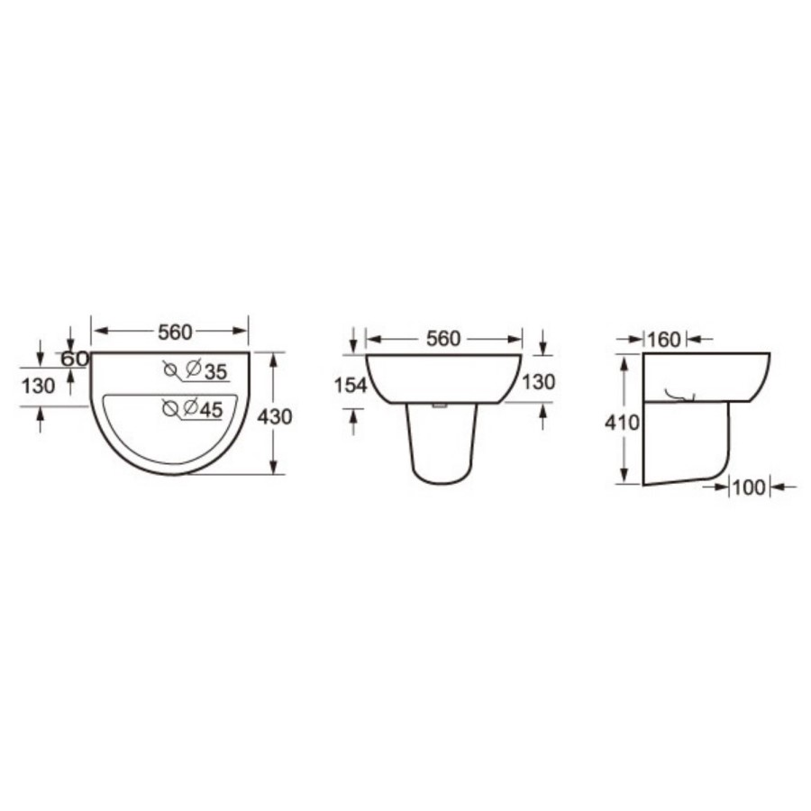 Curve Wall Mount Sink with Semi Pedestal - 1 Tap Hole