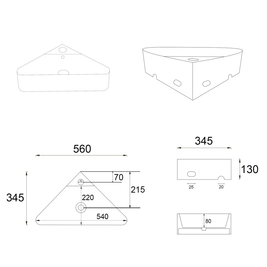 White Wall Hung Corner Basin 560mm - Luca