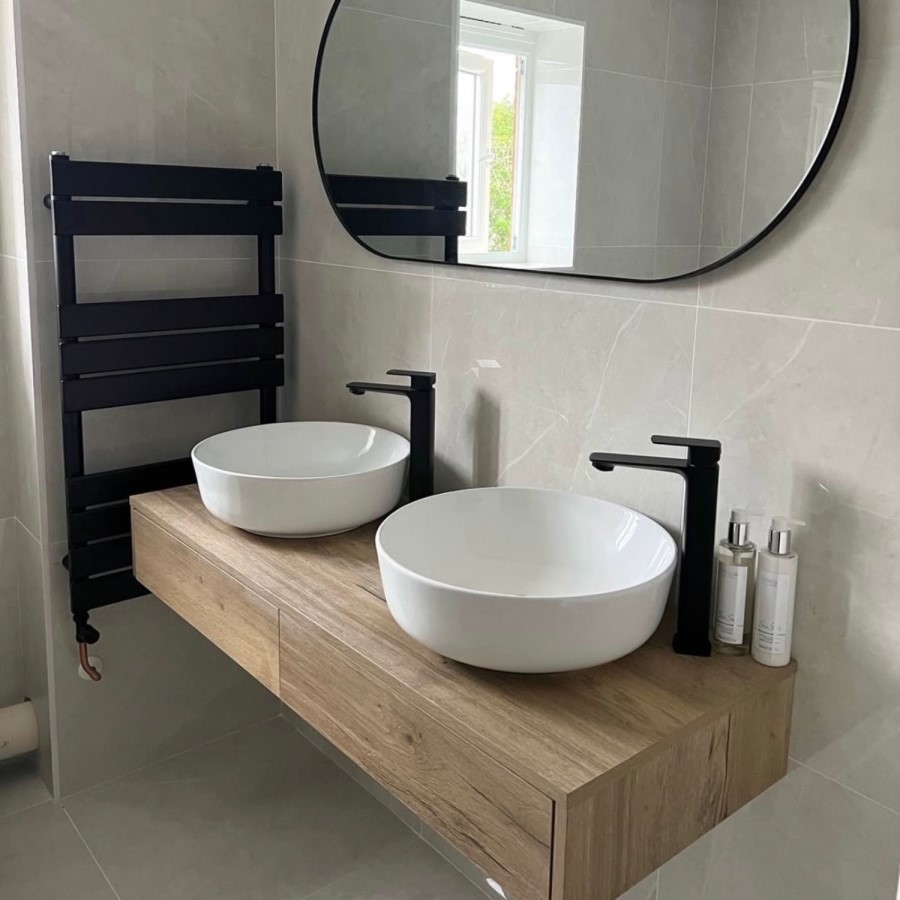 1200mm Wood Effect Wall Hung Double Countertop Vanity Unit with Shelf - Lugo