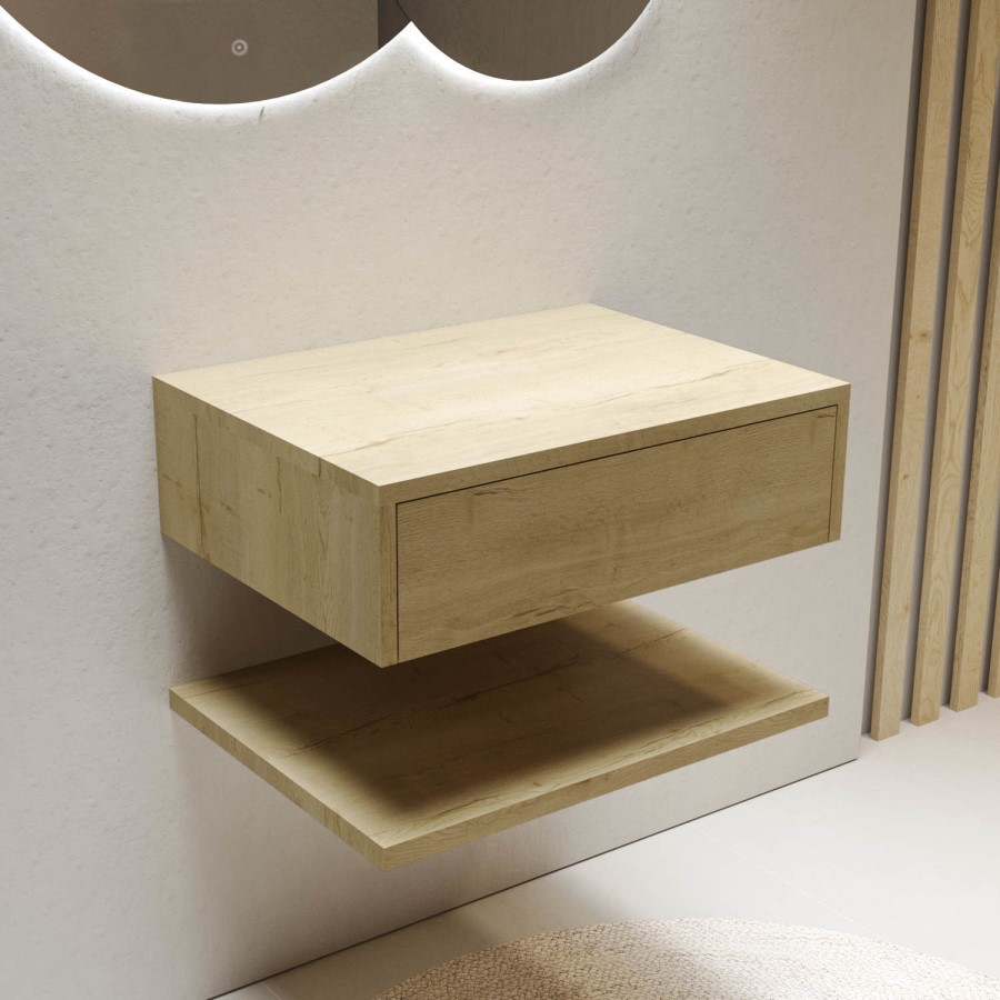 600mm Wood Effect Wall Hung Countertop Vanity Unit with Shelf - Lugo