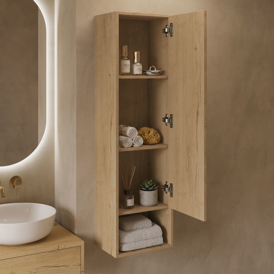 Single Door Oak Wood Effect Wall Mounted Tall Bathroom Cabinet 350 x 1250mm - Lugo